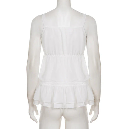 Sweet Lace Patchwork Bandage Ruffles Trim A-Tops Women's Solid Sheer Button Front Squre Neck Camisole All Match Vest