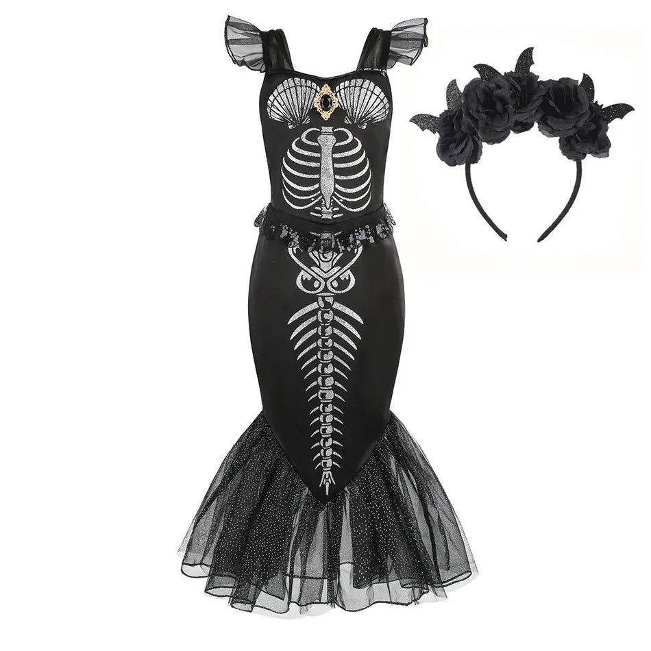 Fantasia de Esqueleto de Sereia Horripilante para Meninas Pequenas Halloween Princesa Gótica Vestido Trompete Ariel Negra Sereia Cosplay Vestido Roupa