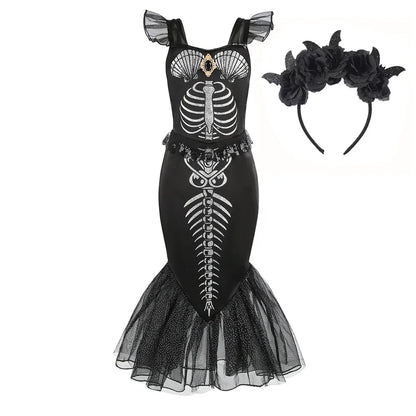 Fantasia de Esqueleto de Sereia Horripilante para Meninas Pequenas Halloween Princesa Gótica Vestido Trompete Ariel Negra Sereia Cosplay Vestido Roupa
