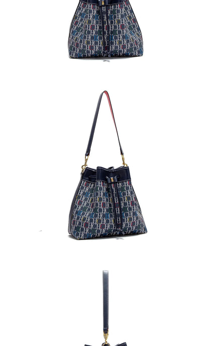 Women's Bucket Bag Spring New Wine Red Drawstring Bag Dual purpose Shoulder Strap Commuter Wallet