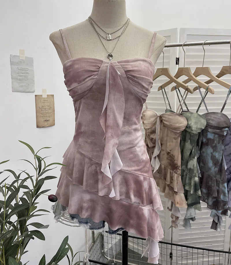 2025 Mesh Camisole for Women Stretch Casual Tie Dyeing Braless Sleeveless Adjustable Straps Asymmetrical Ruffle Tops