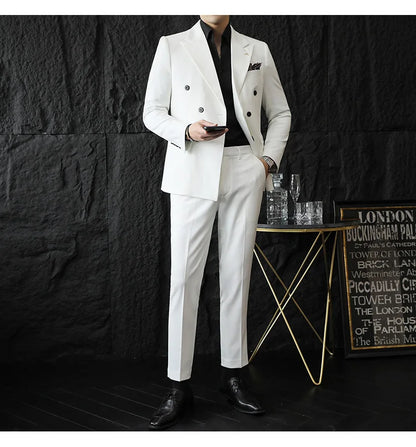 ( Blazers + Pants ) Boutique Fashion Solid Color Double-breasted Men's Casual Business Slim Suit 2-piece Set Groom Wedding Dress