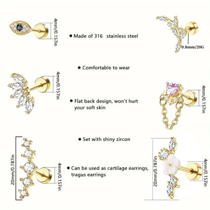 6Pcs 316 Stainless Steel Flat Back Spiral Ear Skull Stud Earrings,Shiny Cubic Zirconia Chain Screw Stud Piercing Jewelry Gifts