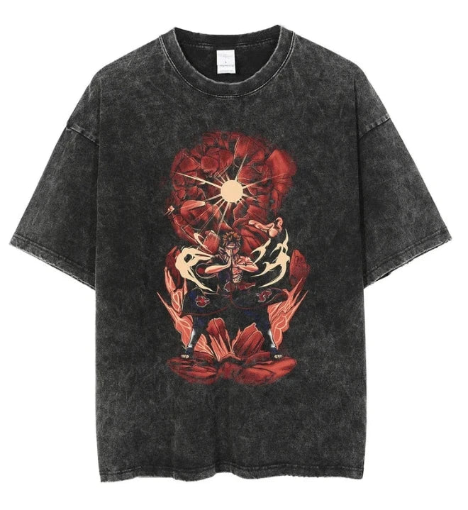Men's oversized Uchiha Sasuke anime printed cotton T-shirt retro washed street wear summer casual 2025 summer anime fans