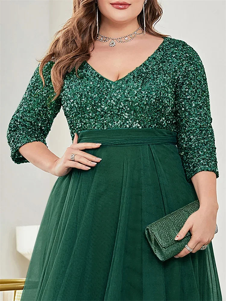 Plus Size Luxury Floor Length V-Neck Evening Dress Women Elegant Party Maxi Dress Sequins Short Sleeves Prom Cocktail Gowns