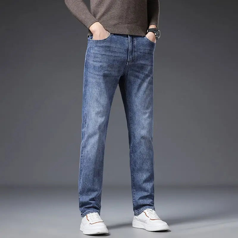 Calça Jeans Masculina Coreana Macia Elástica Slim Fit Negócios Casual Reta Jeans Clássica Marca Azul Lavado Cinza