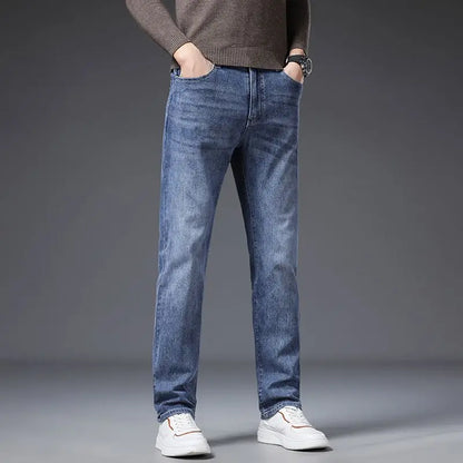 Calça Jeans Masculina Coreana Macia Elástica Slim Fit Negócios Casual Reta Jeans Clássica Marca Azul Lavado Cinza