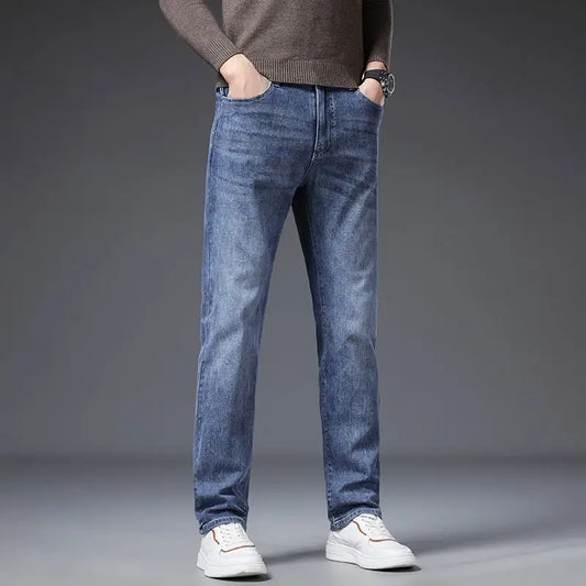 Korean Fashion Men's Soft Stretch Slim Fit Jeans Business Casual Straight Denim Pants Classic Brand Washed Blue Gray Trousers