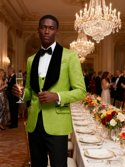 Mens 3 Piece Floral Tuxedo, Jacquard Slim Suit Set, Paisley Blazer Vest and Pants for Prom Wedding