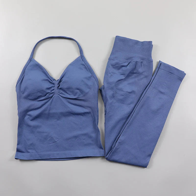 Yoga Longline Strappy Top Leggings Set Women's Backless Camisole Built-In bra Vest High-Waisted Hip Lift Gym Shorts Sports Set