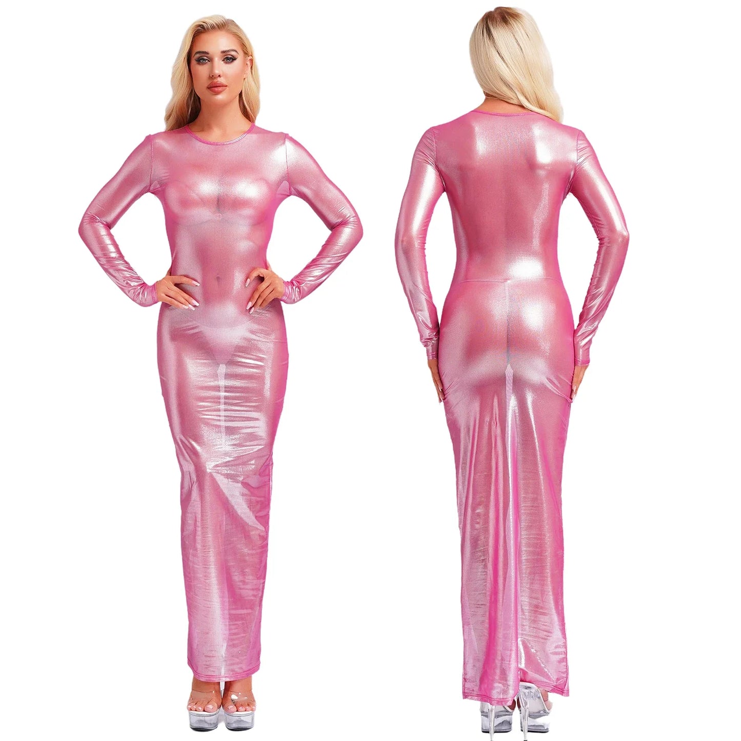 Womens Shiny Metallic Sheer Long Dress See Through Long Sleeve Bodycon Maxi Dress Cover Ups Rave Party Night Club Wear Underwear