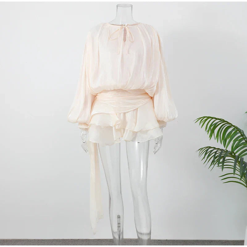 Stunning Shiny Ruffles Lace Up Mini Dress Women's Chic Loose Hollow Out A-line Pleated Vestidos Lady Summer Party Gowns 2025 New