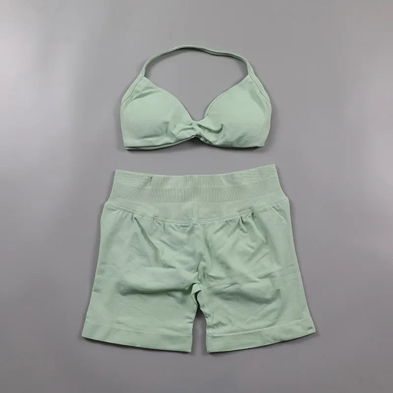 Scrunch Seamless Yoga Set Women Sportswear Ribbed Gym Shorts Strappy Sports Bra 2 Piece Set Halter Workout Clothes Fitness Suit