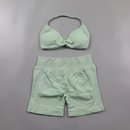 Scrunch Seamless Yoga Set Women Sportswear Ribbed Gym Shorts Strappy Sports Bra 2 Piece Set Halter Workout Clothes Fitness Suit