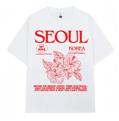 Korean Style Men Women Hibiscus Print Cotton Short Sleeve T-shirt,Oversized Harajuku Street Casual Tops