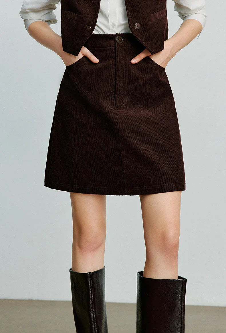 Women Midi Skirt 2025 Autumn New Retro Corduroy Elastic Waist Pure Cotton A Line Mini Skirt