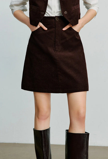 Women Midi Skirt 2025 Autumn New Retro Corduroy Elastic Waist Pure Cotton A Line Mini Skirt