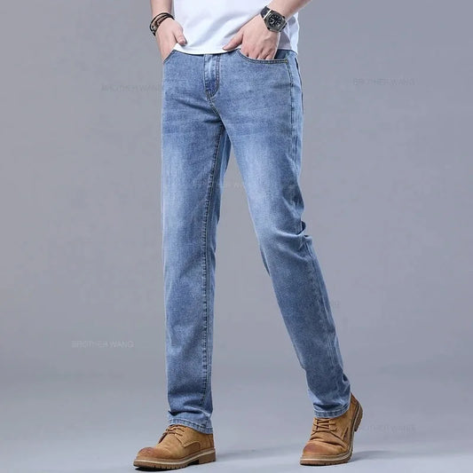 High Quality Spring Autumn Men's Slim Jeans Stylish Casual Stretch Fabric Denim Pants Classic Trousers Smoke Gray Plus Size 40