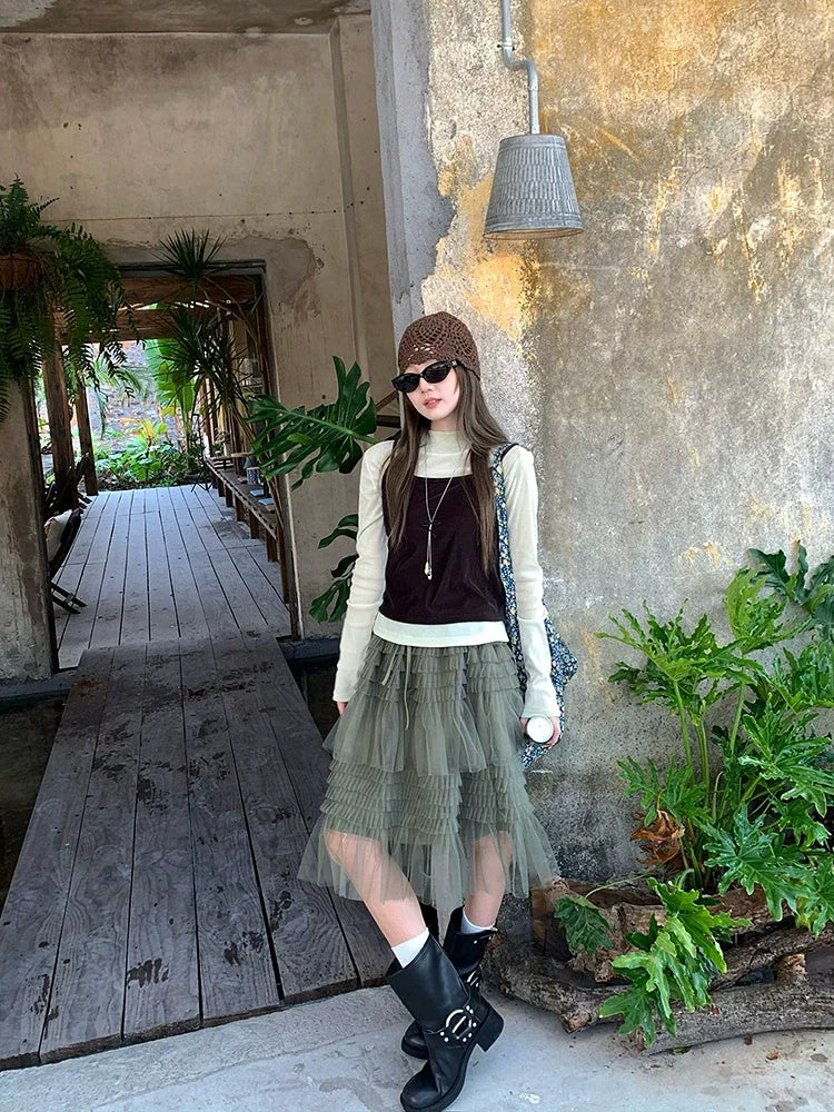 Korean Style Lace Elastic Waist Cake Skirt Mesh Puffy Skirt Women's Dress Knee Length Casual A-Line Skirt Micro Stretch No Slit