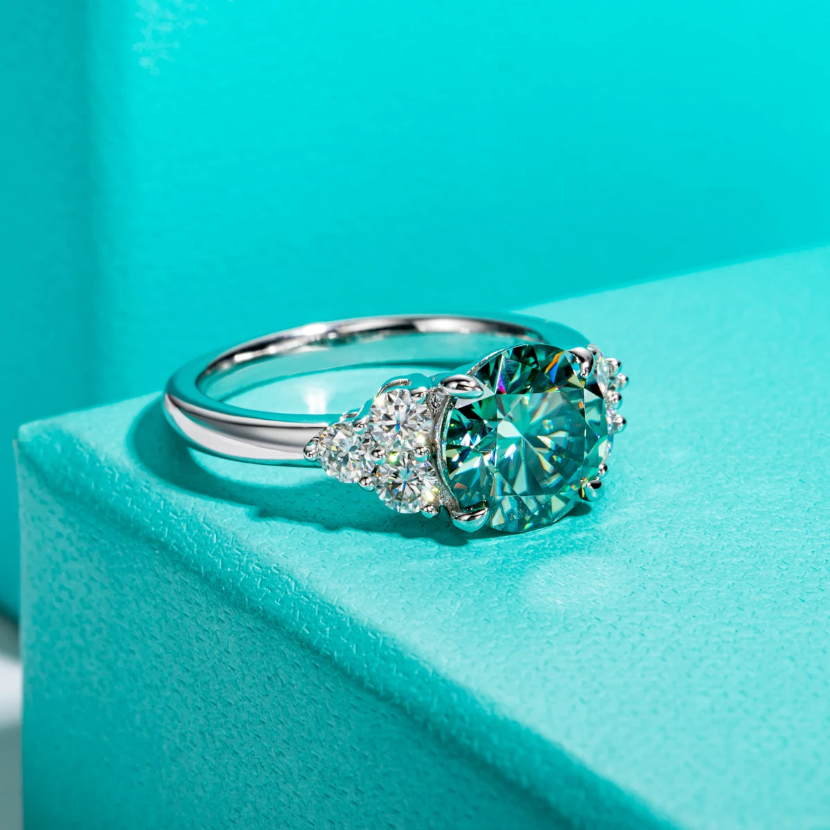 3ct Round Cut Blue Green Color Moissanite Engagement Ring 18K Gold Plated Silver Luxury Wedding Ring Jewelry  Wholesale