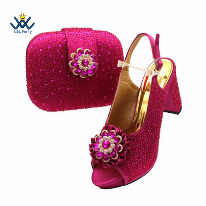 Special Design Women Crystal Style African Ladies Party Shoes Matching Bag in Magenta Color