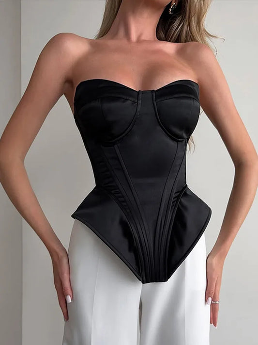 Sexy Fishbone Strapless Short Top Lady Chic Sleeveless Off-shoulder Backless Waist Cinching Blouse Women Vacation Party Tops