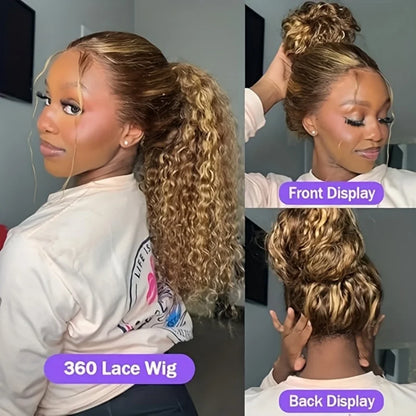 4/27 Curly Highlight Wig Human Hair Preplucked 360 Full Lace Front Wig HD Human Hair Ready to Wear Deep Wave Human Wig for Women