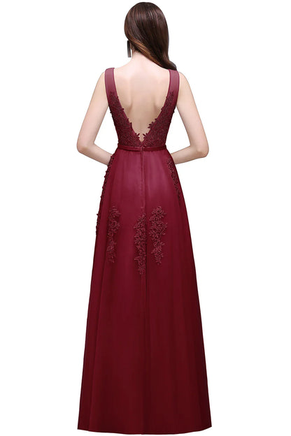 Exquisite Lace Tulle Evening Dress Illusion Soft Net Collar Sleeveless V-Backless Gowns Slim A-line Floor-length Prom Dresses
