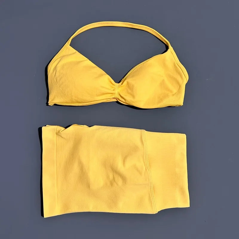No Logo 2 Piece Impacts Gym Set Women Seamless Yoga Strappy Bra Workout Scrunch Sports Low Waist Shorts Sport Set