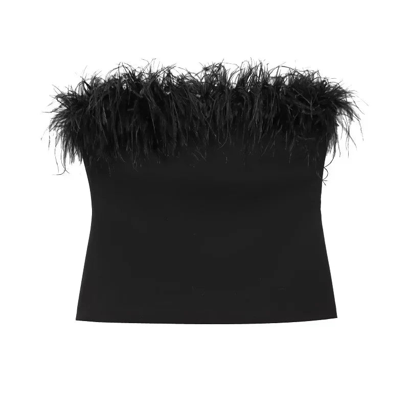 Black Feather Crop Top Women off Shoulder Corset Top Female Sexy Backless Tube Tops for Women Strapless Bustier Top Woman