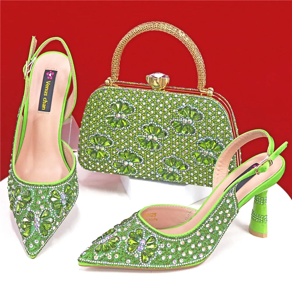 Nigerian Heel Party for Women Pink Color Shoes and Bag Set Rhinestone Handbag Italian Design Wedding INS 2025