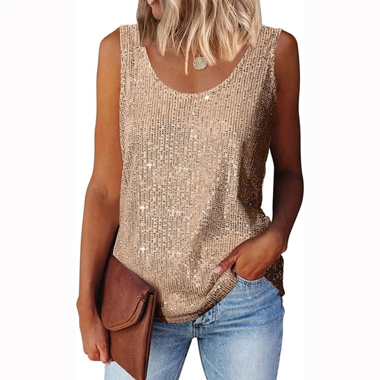 Ladies' Sequin Loose U-Neck Sleeveless Glitter Tops Fashion Solid Color Tank Tops For Daily Wear Performance Costume