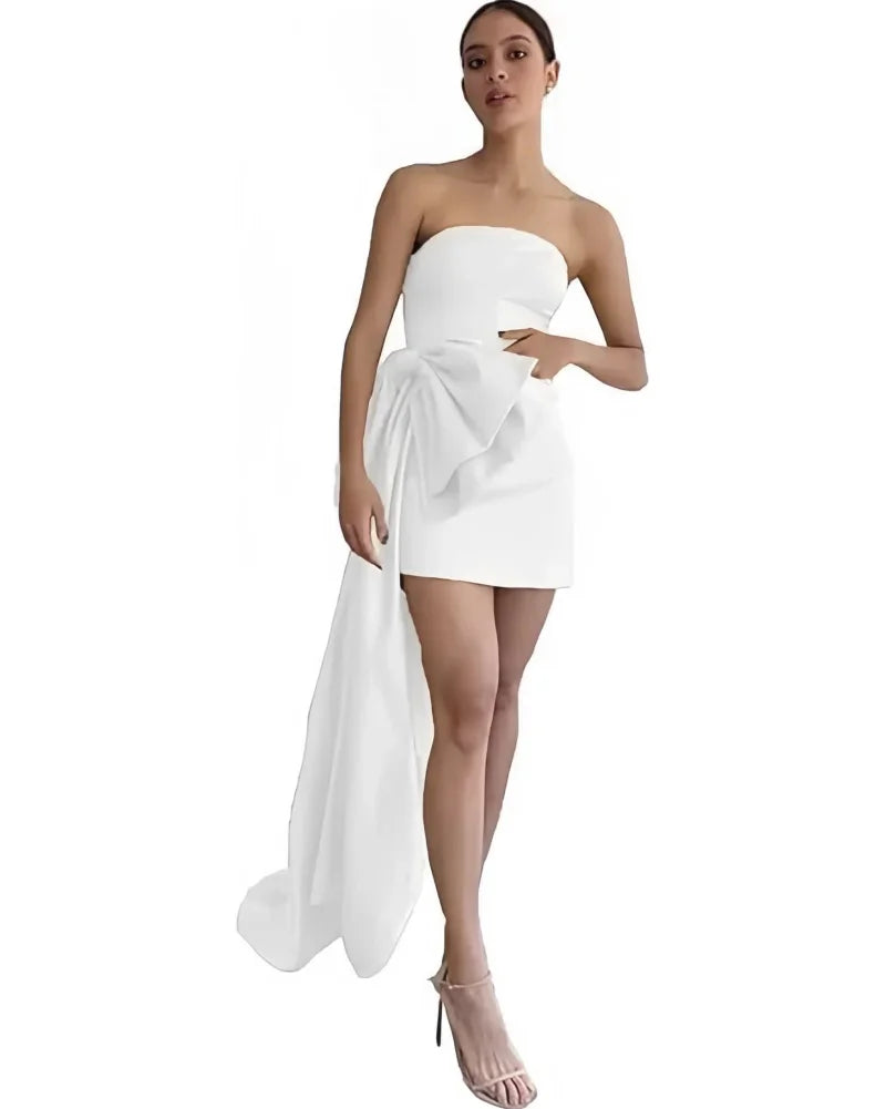Satin Homecoming Dresses Short A Line Prom Dress Strapless Zipper Open Back Side Big Bow Mini Cocktail Gown Dance Party Dress