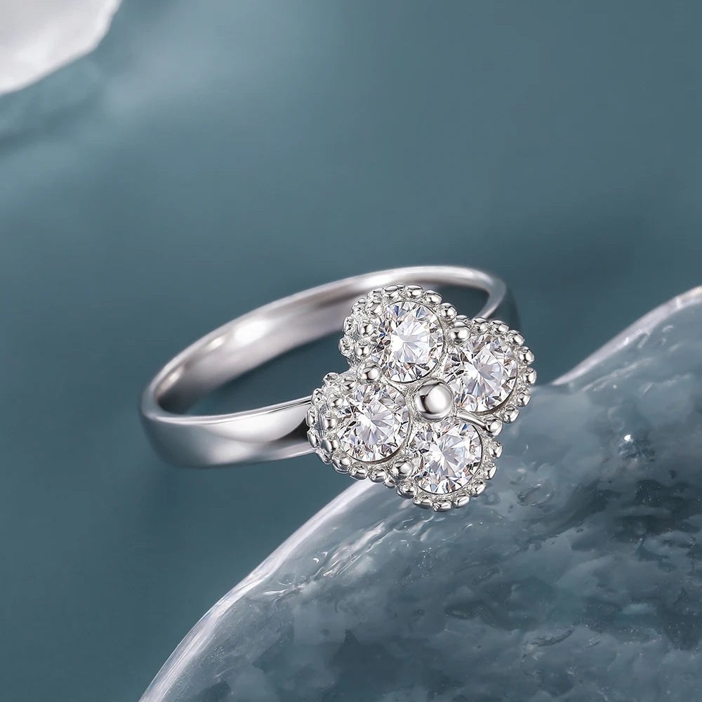 1.2CT Sterling Silver 925 Moissanite Ring Clover Lucky Jewelry Engagement Rings for Women Girls Luxury Gift