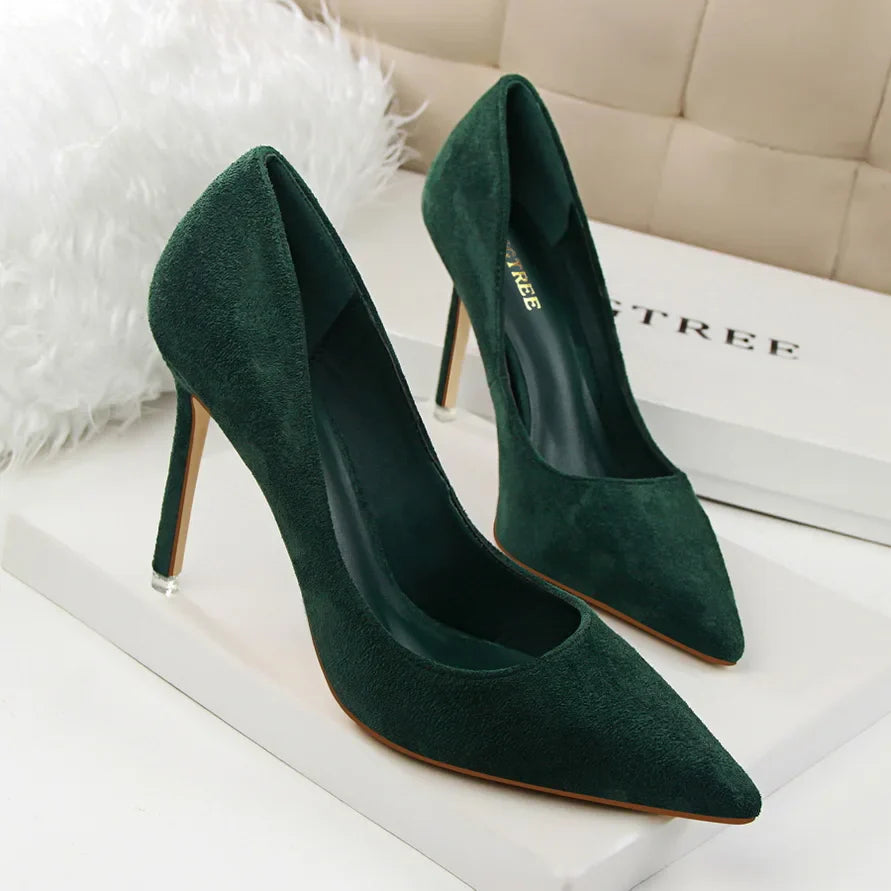 Women 9cm High Heels Yellow Burgundy Pumps Plus Size Stripper Suede Escarpins Lady Wedding Bridal Scarpins Green Blue Prom Shoes