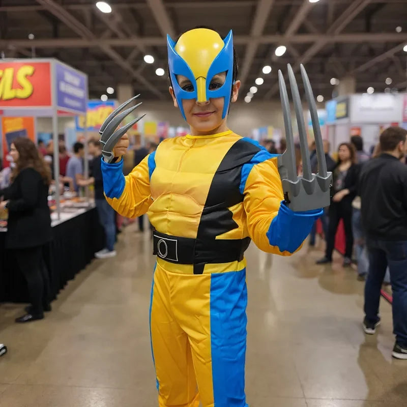 Boy's Wolverine Costume Movie Superhero Jumpsuit School Performance Outfit Halloween Mask Performance Costume Party Prop Gift