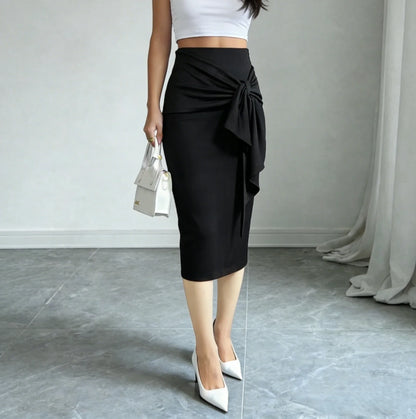 Women's Spring Summer Black Midi Skirt High Waist Stretchy Ruched Side Knot Casual Daily Work Office Bodycon Skirt
