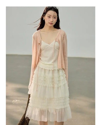 Korean Style Lace Elastic Waist Cake Skirt Mesh Puffy Skirt Women's Dress Knee Length Casual A-Line Skirt Micro Stretch No Slit