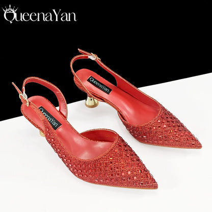 Italian Design Rhinestone Luxury Navy Blue Pointed Toe Shoe & Bag Set Women High Heels for Parties High Quality
