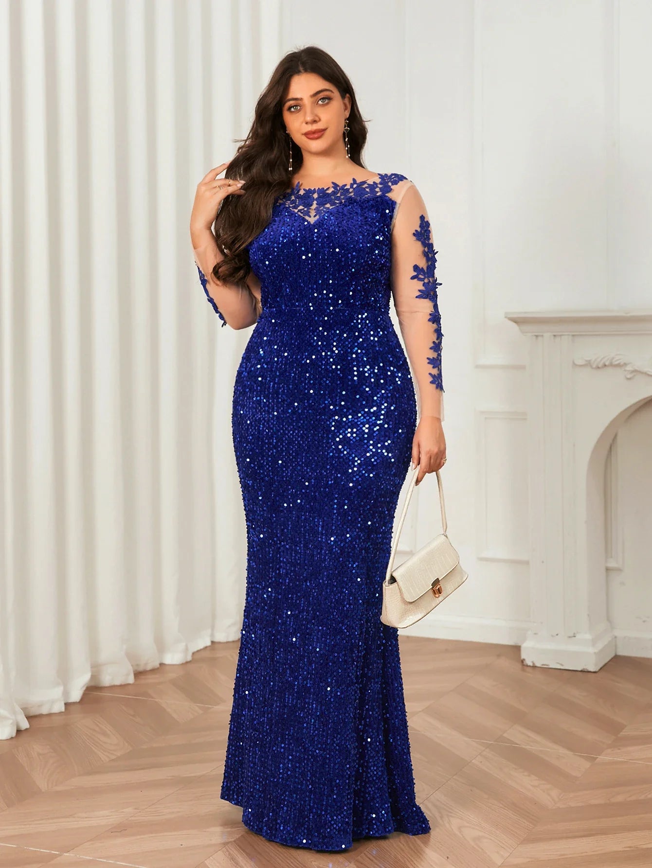O Neck Curve Long Sequined Velvet Lace Evening Dress Prom Gown Floor Length Backless Maxi Dresses