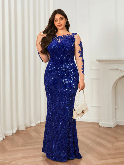O Neck Curve Long Sequined Velvet Lace Evening Dress Prom Gown Floor Length Backless Maxi Dresses