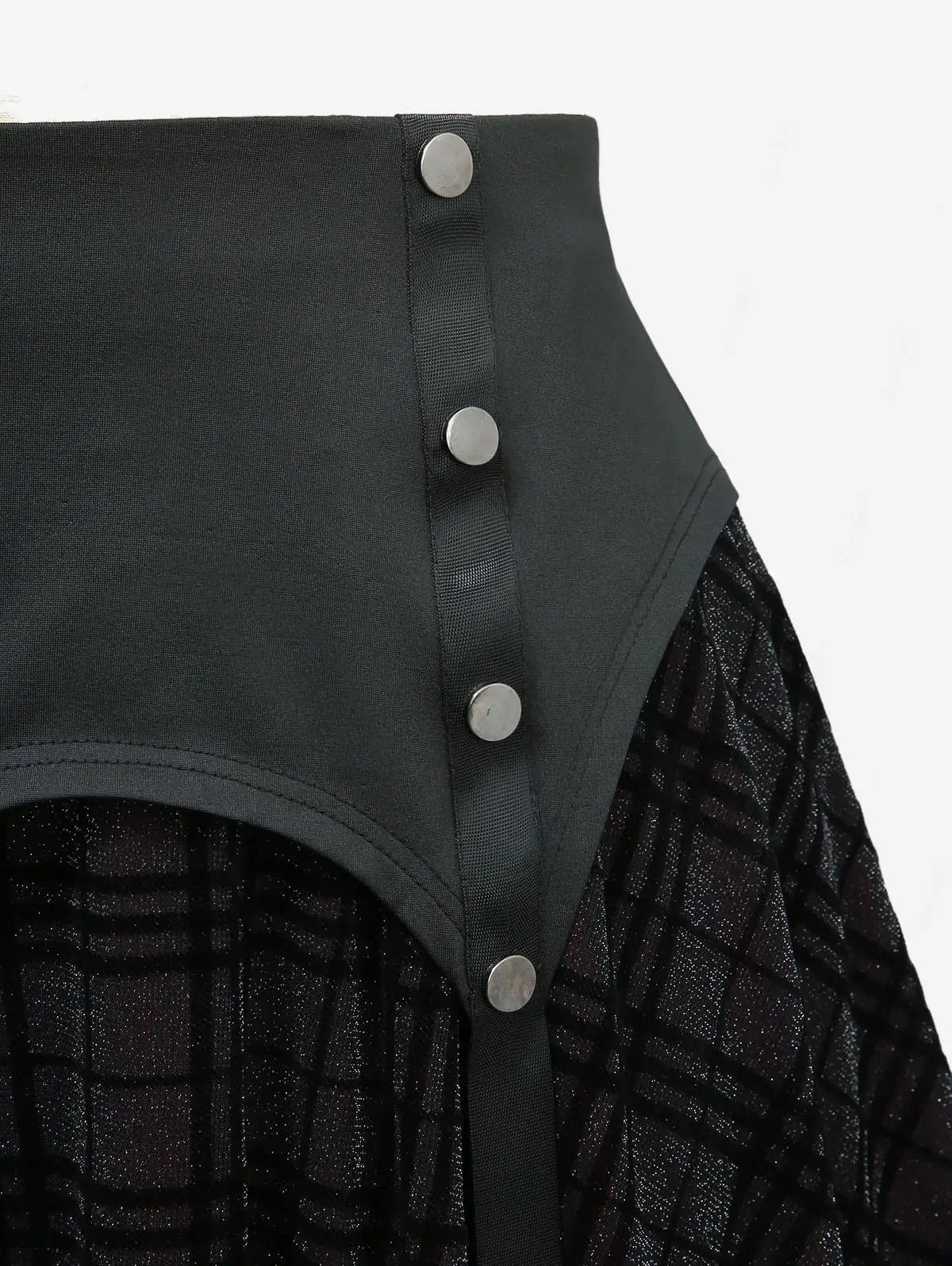 Plus Size Elastic Waist Button Plaid Skirts Silver Flocking Oversize Women's Comfortable Fit Plaid Skirt Black