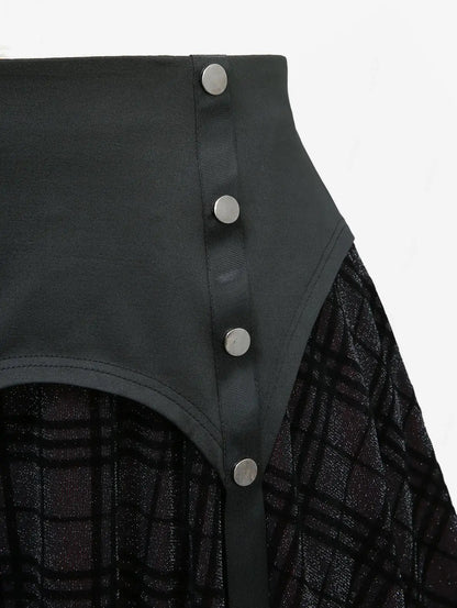 Plus Size Elastic Waist Button Plaid Skirts Silver Flocking Oversize Women's Comfortable Fit Plaid Skirt Black