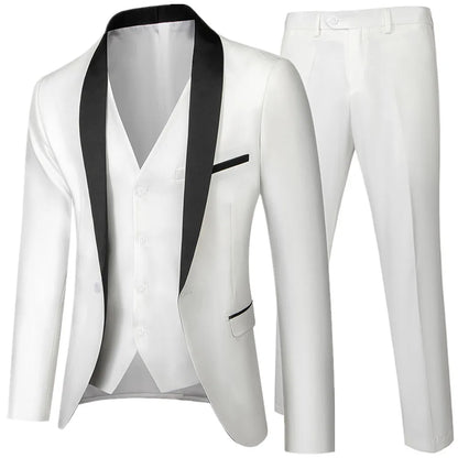 US Size Men Lapel Black Collar 3 Pcs Suit Set Coat Vest Trousers / Business Groom Wedding Dress Fprmal Blazer Pants Waistcoat