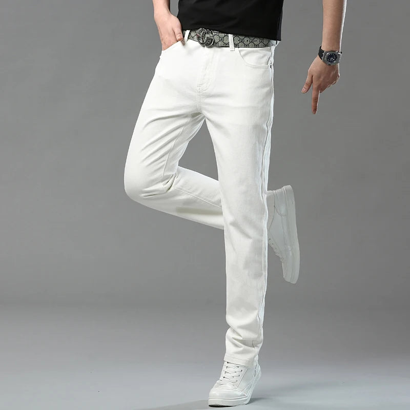 2025 Autumn Men's Elastic Colorful Jeans Breathable Casual  Straight Fitted Solid Color Denim Pants Korean Fashion Trousers