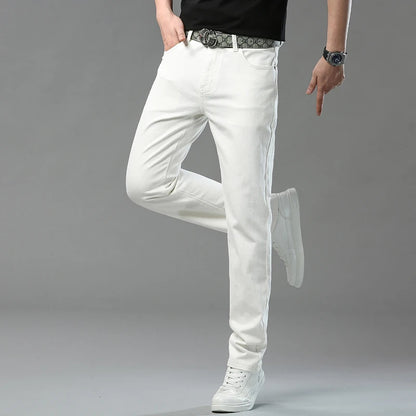2025 Autumn Men's Elastic Colorful Jeans Breathable Casual  Straight Fitted Solid Color Denim Pants Korean Fashion Trousers