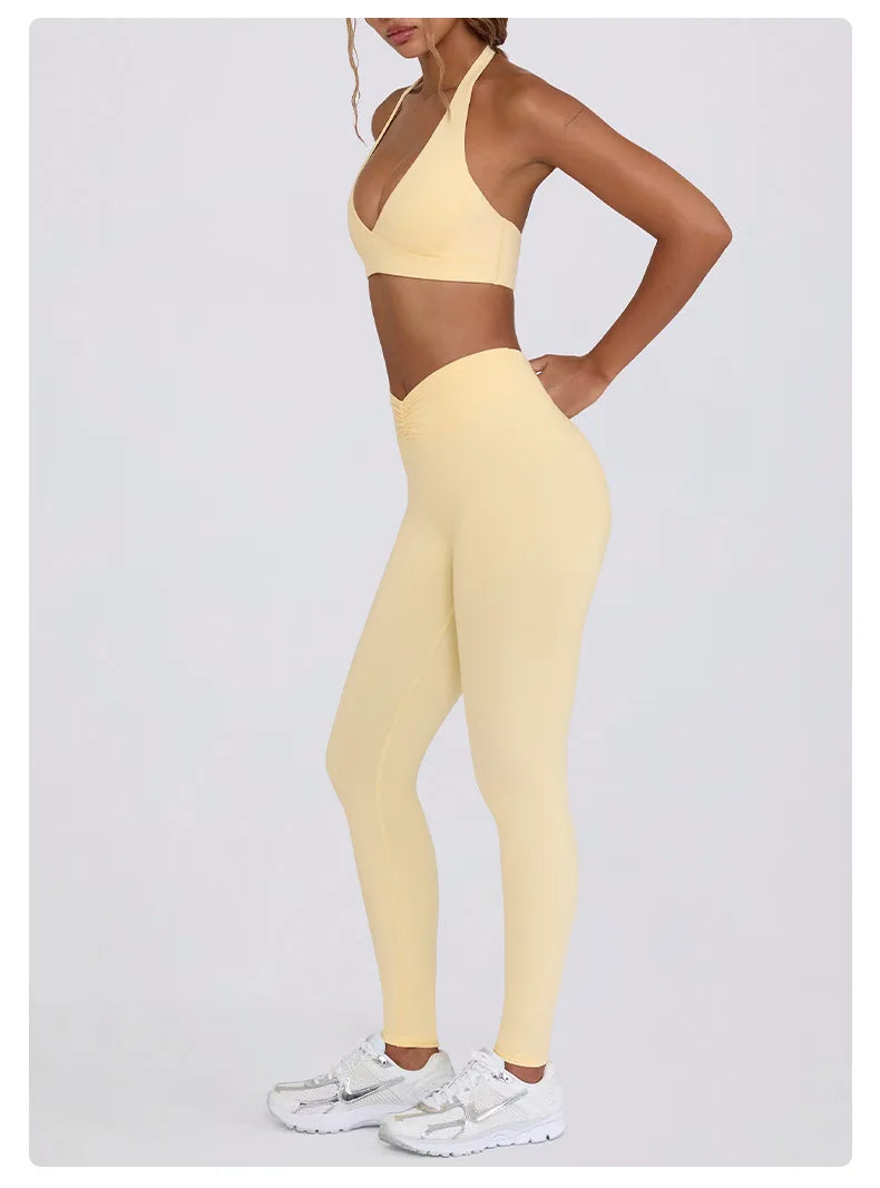 Women's Yoga Suits Quick Drying Leggings Gym Shorts Nude Hanging Neck Bra Running Gym Exercise Sets