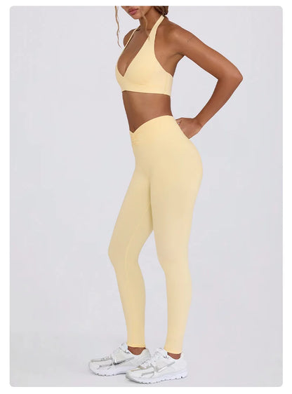 Women's Yoga Suits Quick Drying Leggings Gym Shorts Nude Hanging Neck Bra Running Gym Exercise Sets