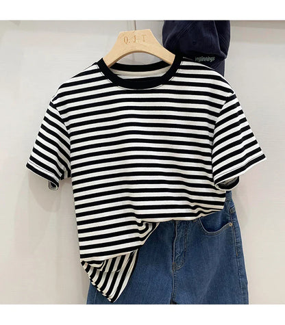 Summer Short Sleeve Striped T-Shirts Versatile Women Knitted Basic Casual Tops Female Cozy Loose Cotton Tees 2023 Harajuku Shirt