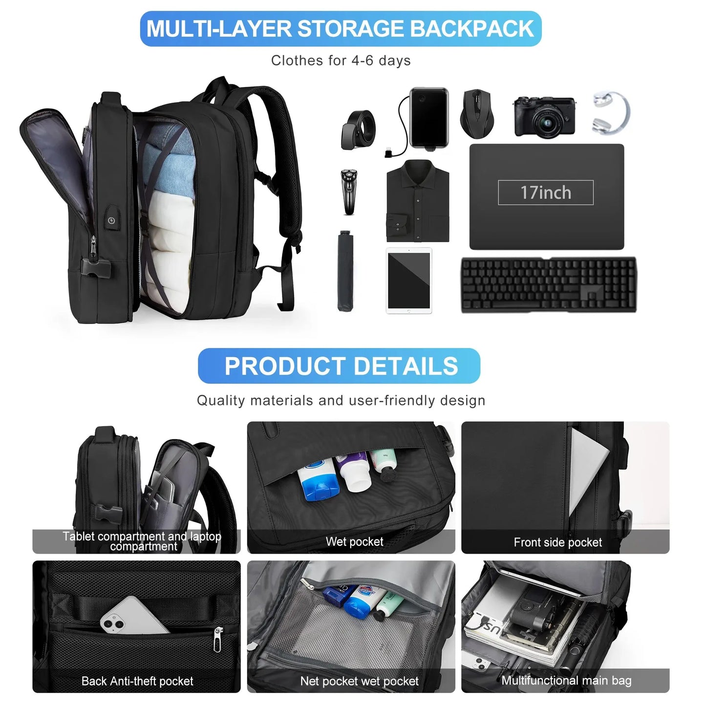 Men Backpack Business Travel Backpack Carry on Waterproof Expandable Backpacks Large Capacity Weekend Traveler Laptop Bag